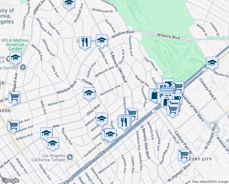 map of restaurants, bars, coffee shops, grocery stores, and more near 1410 Woodruff Avenue in Los Angeles