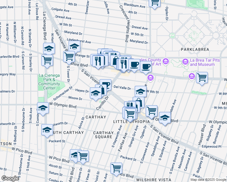 map of restaurants, bars, coffee shops, grocery stores, and more near 6223 San Vicente Boulevard in Los Angeles