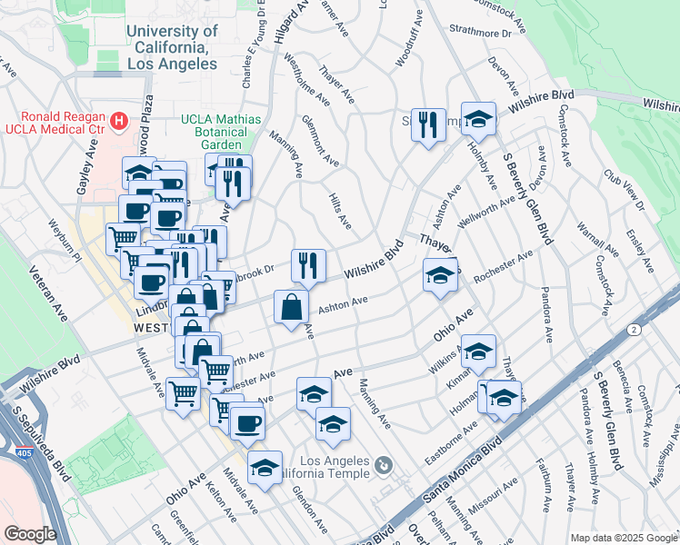map of restaurants, bars, coffee shops, grocery stores, and more near 10701 Wilshire Boulevard in Los Angeles
