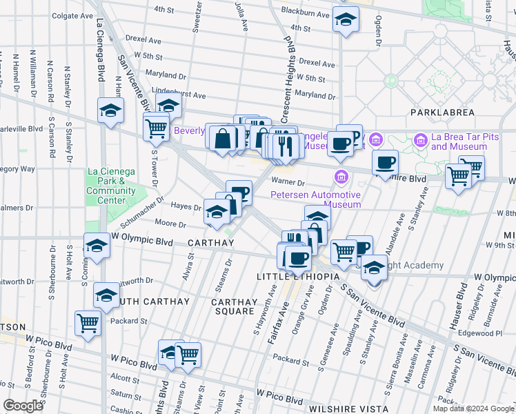 map of restaurants, bars, coffee shops, grocery stores, and more near 6223 San Vicente Boulevard in Los Angeles