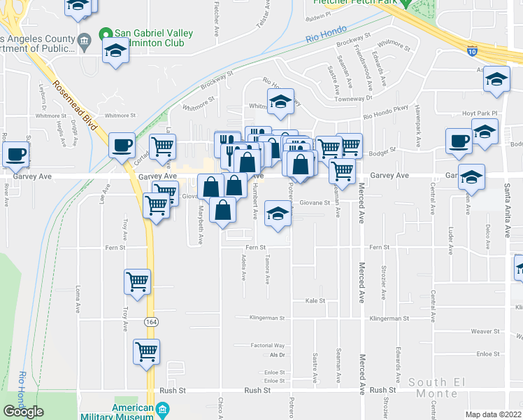 map of restaurants, bars, coffee shops, grocery stores, and more near 2702 Humbert Avenue in South El Monte