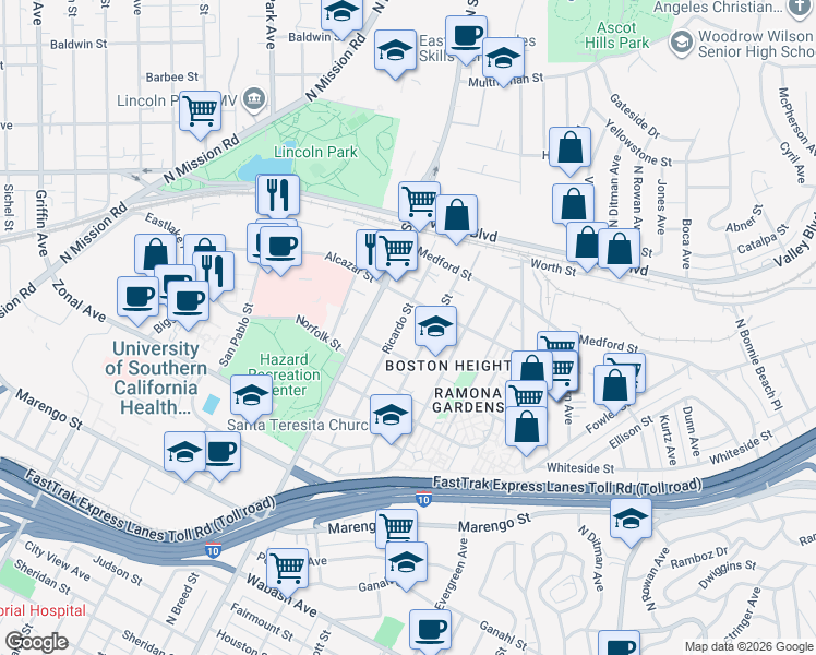 map of restaurants, bars, coffee shops, grocery stores, and more near 1525 Tremont Street in Los Angeles