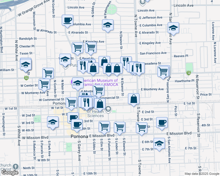 map of restaurants, bars, coffee shops, grocery stores, and more near 318 East Monterey Avenue in Pomona