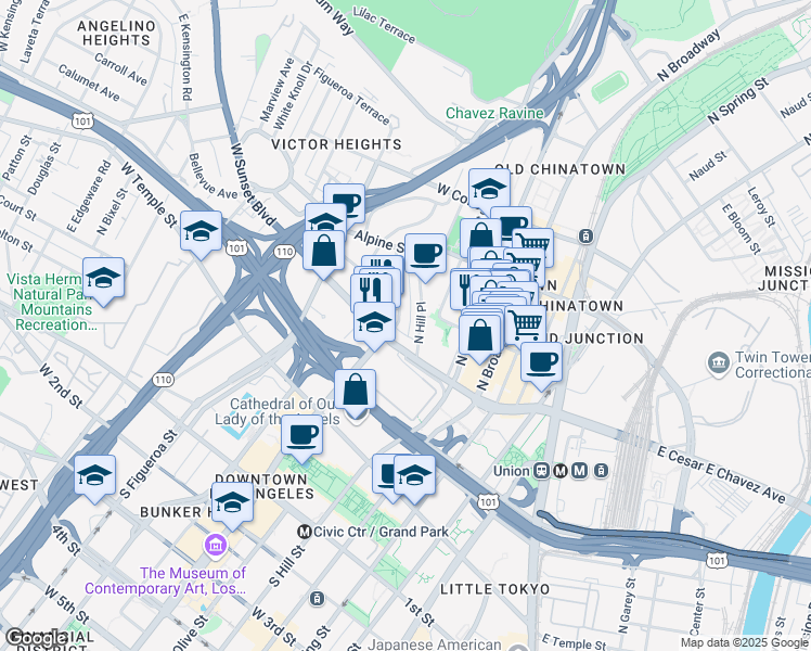 map of restaurants, bars, coffee shops, grocery stores, and more near 618 North Grand Avenue in Los Angeles