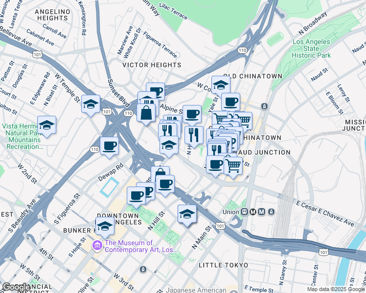 map of restaurants, bars, coffee shops, grocery stores, and more near 618 North Grand Avenue in Los Angeles