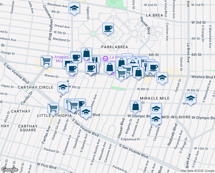 map of restaurants, bars, coffee shops, grocery stores, and more near 5805 West 8th Street in Los Angeles