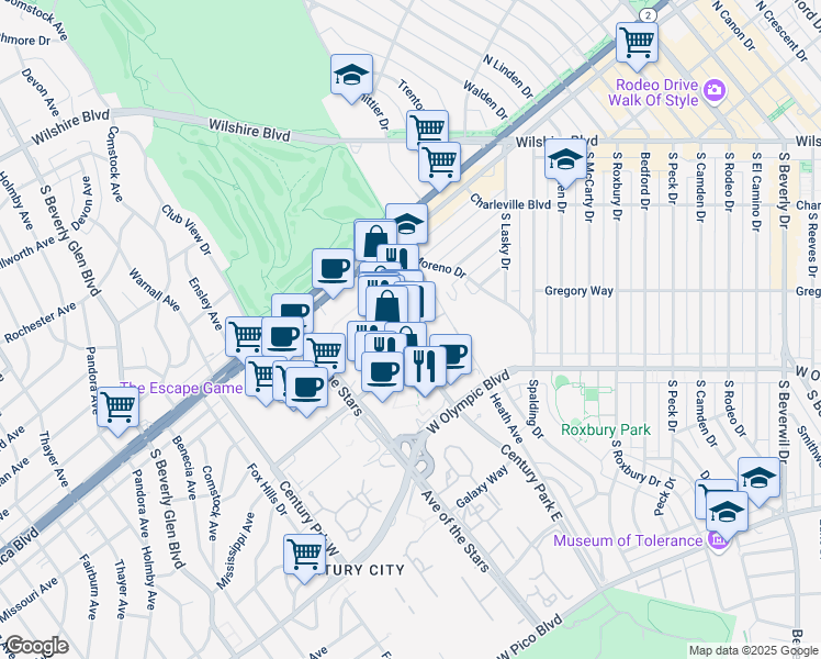 map of restaurants, bars, coffee shops, grocery stores, and more near 1888 Century Park East in Los Angeles