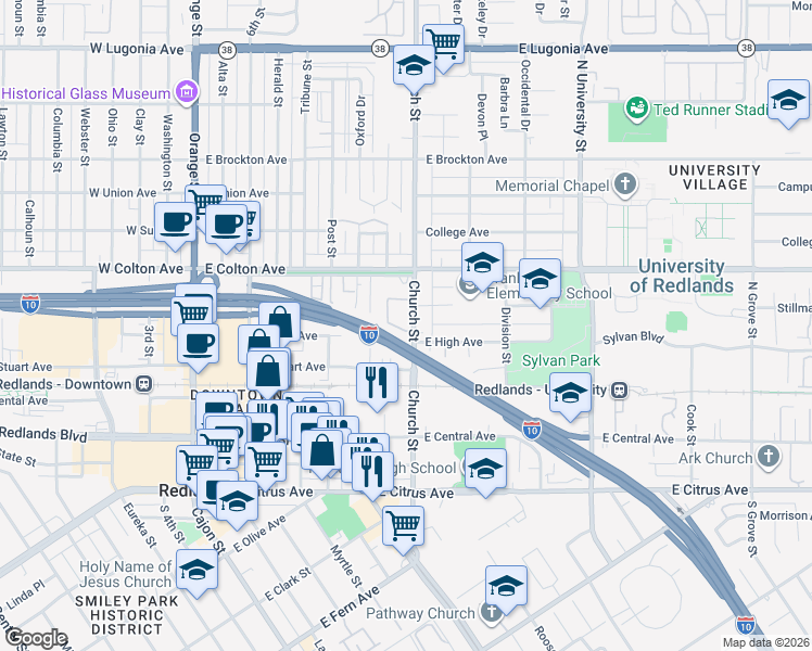 map of restaurants, bars, coffee shops, grocery stores, and more near 602 Church Street in Redlands