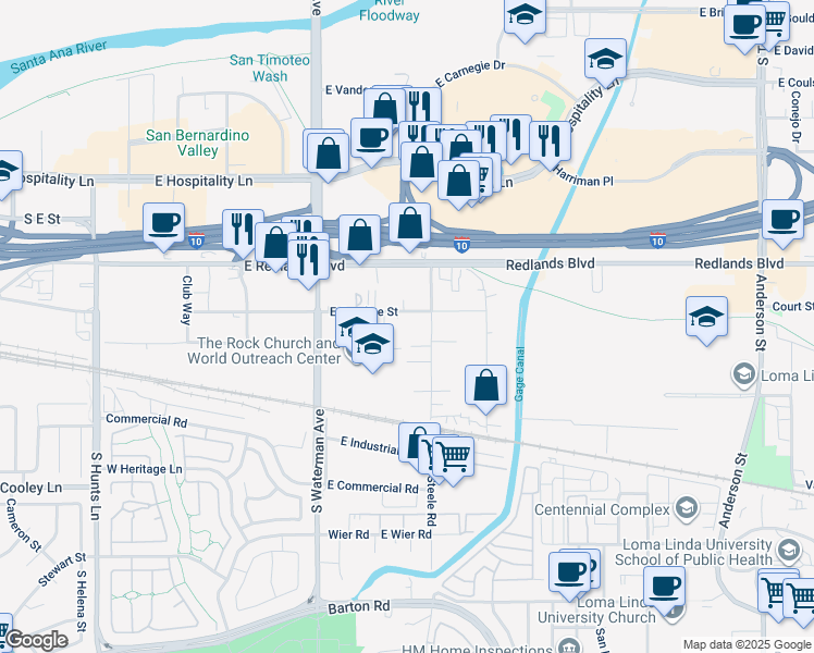 map of restaurants, bars, coffee shops, grocery stores, and more near 455 East Caroline Street in San Bernardino