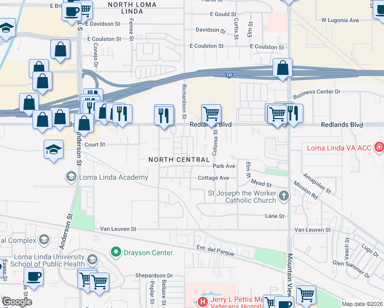 map of restaurants, bars, coffee shops, grocery stores, and more near 25300 Park Avenue in Loma Linda