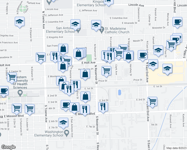 map of restaurants, bars, coffee shops, grocery stores, and more near 850 East Monterey Avenue in Pomona