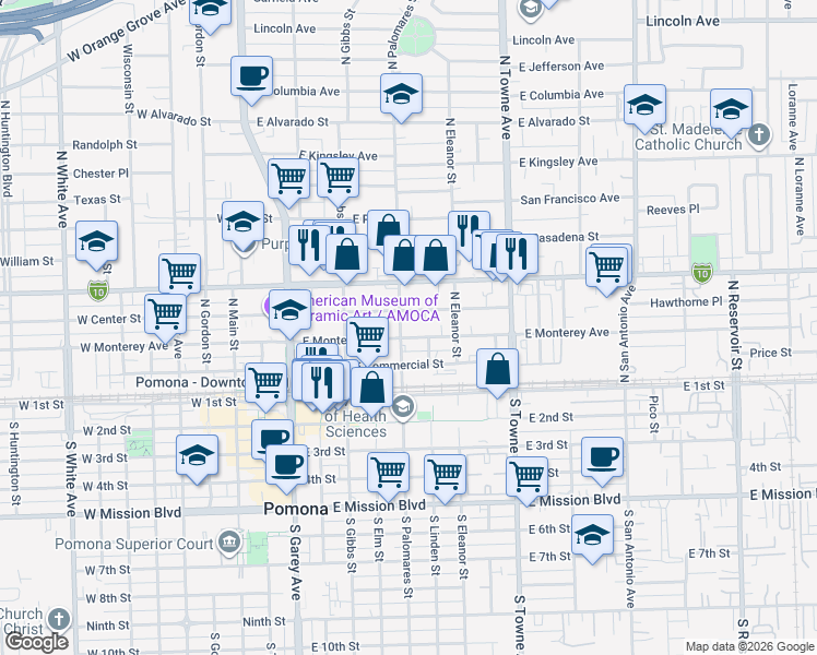map of restaurants, bars, coffee shops, grocery stores, and more near 318 East Monterey Avenue in Pomona