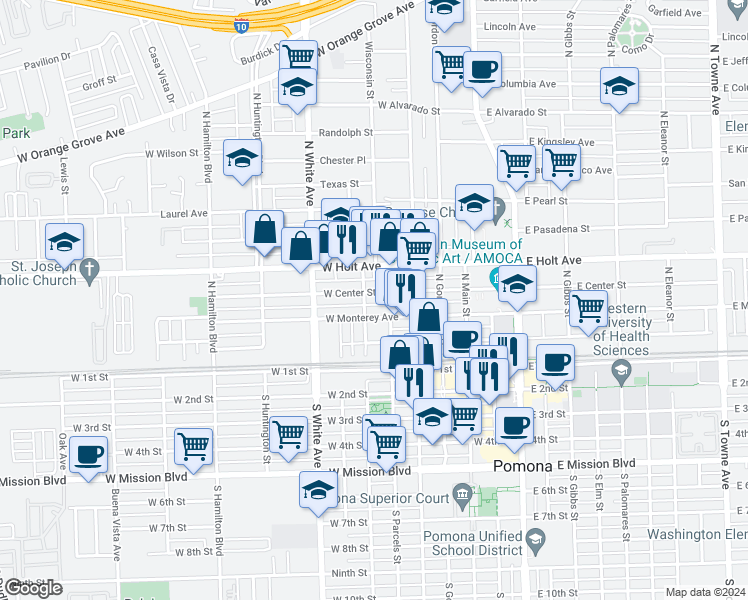 map of restaurants, bars, coffee shops, grocery stores, and more near 463 West Monterey Avenue in Pomona