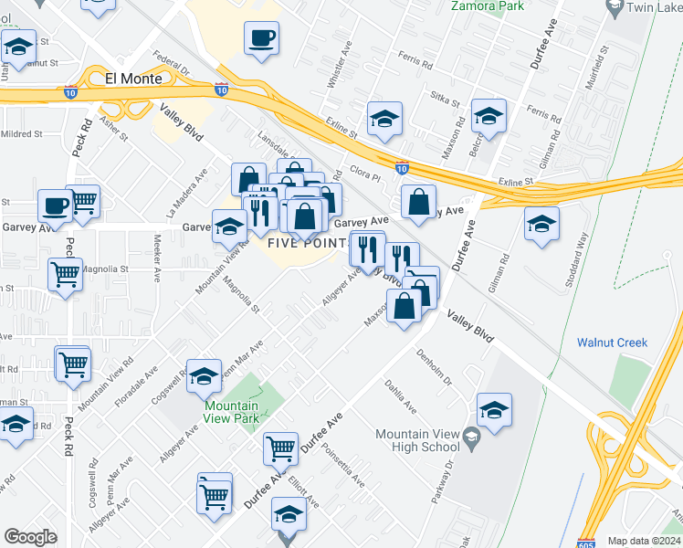 map of restaurants, bars, coffee shops, grocery stores, and more near 2941 Allgeyer Avenue in El Monte