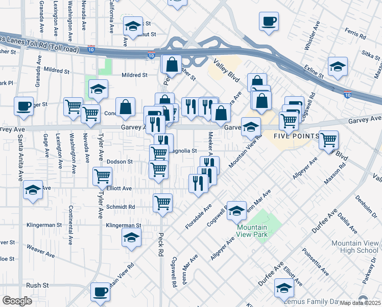 map of restaurants, bars, coffee shops, grocery stores, and more near 2710 Musgrove Avenue in El Monte