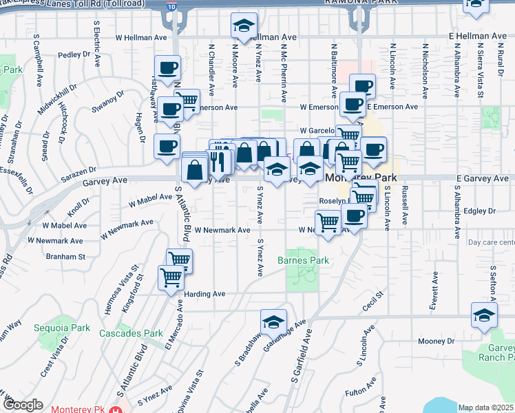 map of restaurants, bars, coffee shops, grocery stores, and more near 225 South Ynez Avenue in Monterey Park