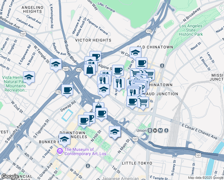map of restaurants, bars, coffee shops, grocery stores, and more near 701 East Cesar E Chavez Avenue in Los Angeles