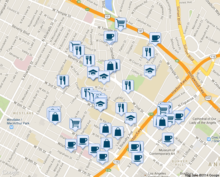 map of restaurants, bars, coffee shops, grocery stores, and more near 202 Lucas Avenue in Los Angeles