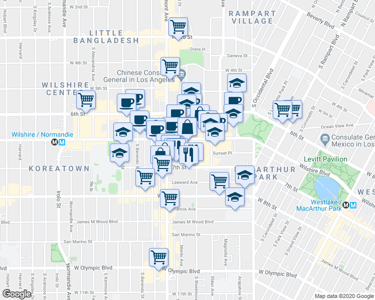 map of restaurants, bars, coffee shops, grocery stores, and more near 682 Shatto Place in Los Angeles