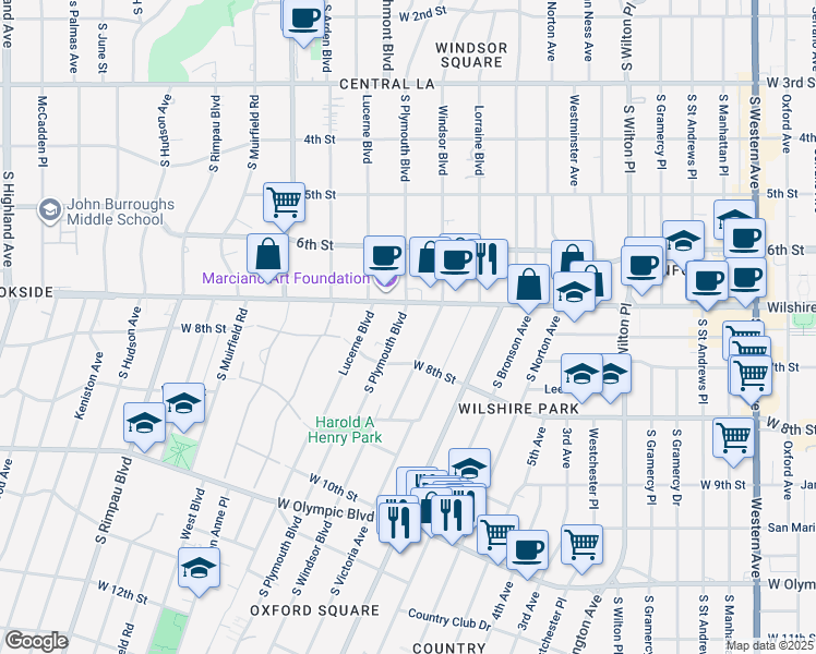 map of restaurants, bars, coffee shops, grocery stores, and more near 742 South Plymouth Boulevard in Los Angeles