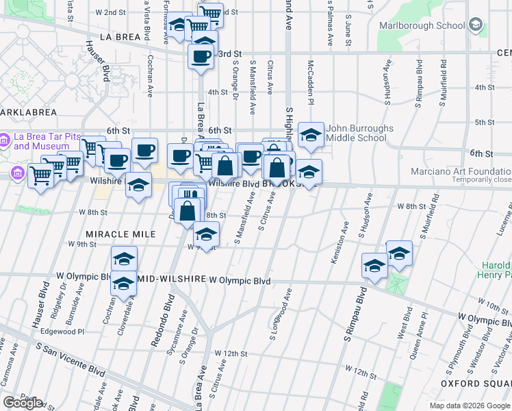 map of restaurants, bars, coffee shops, grocery stores, and more near 750 South Mansfield Avenue in Los Angeles