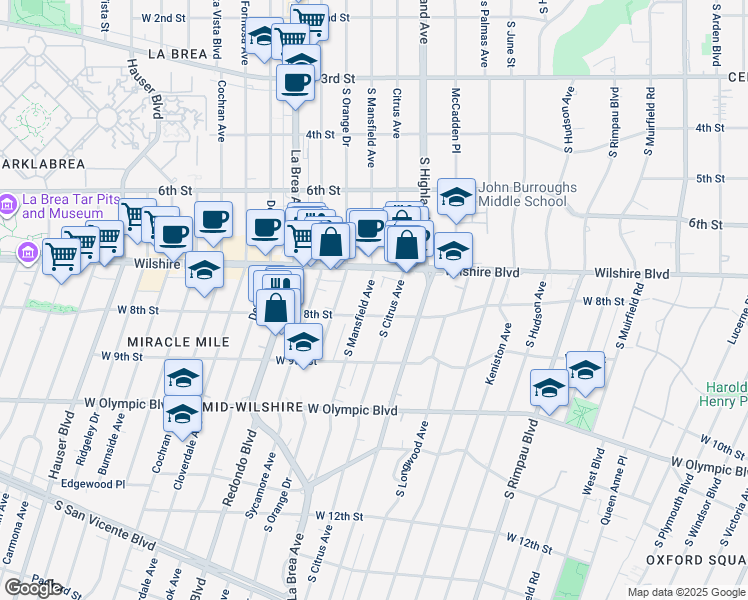 map of restaurants, bars, coffee shops, grocery stores, and more near 750 South Mansfield Avenue in Los Angeles
