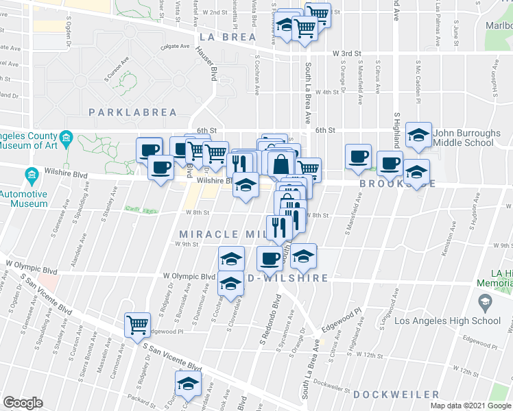 map of restaurants, bars, coffee shops, grocery stores, and more near 803 South Cloverdale Avenue in Los Angeles