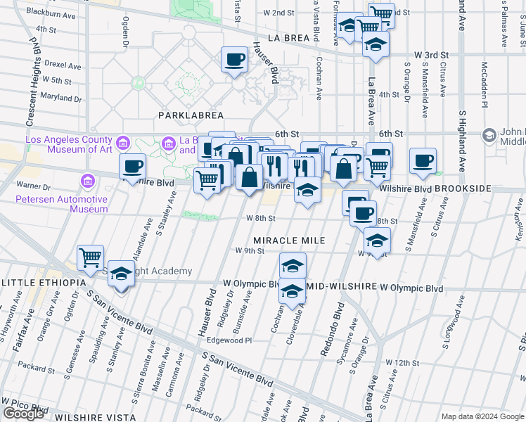 map of restaurants, bars, coffee shops, grocery stores, and more near 800 South Burnside Avenue in Los Angeles