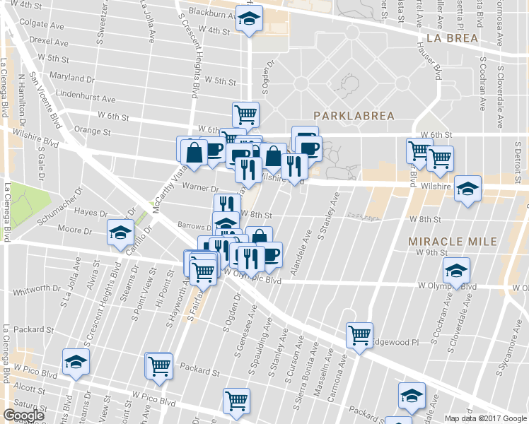 map of restaurants, bars, coffee shops, grocery stores, and more near 810 South Ogden Drive in Los Angeles