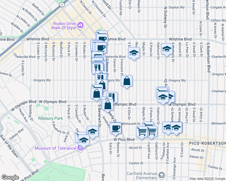 map of restaurants, bars, coffee shops, grocery stores, and more near 344 South Canon Drive in Beverly Hills