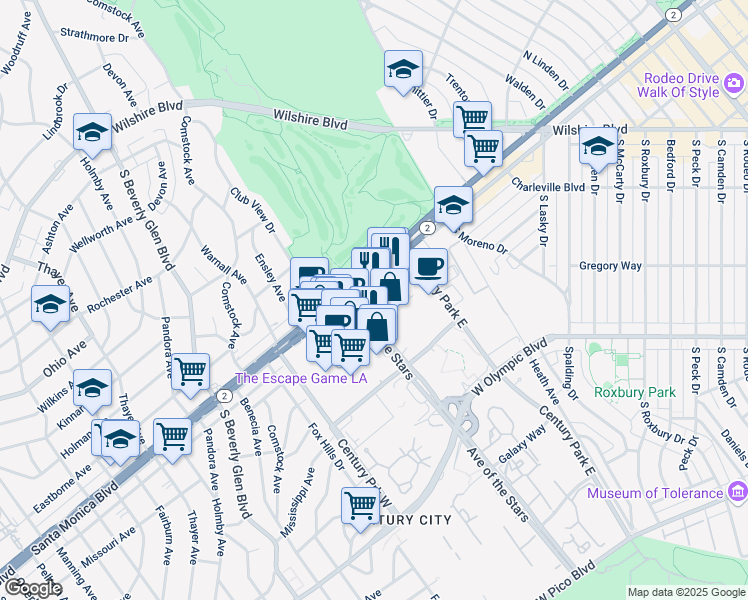 map of restaurants, bars, coffee shops, grocery stores, and more near 1855 Avenue of the Stars in Los Angeles