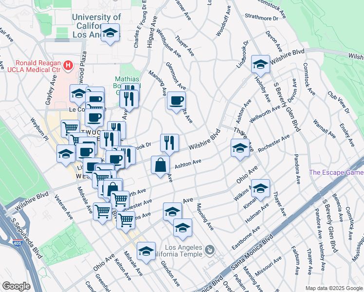 map of restaurants, bars, coffee shops, grocery stores, and more near 10724 Wilshire Boulevard in Los Angeles