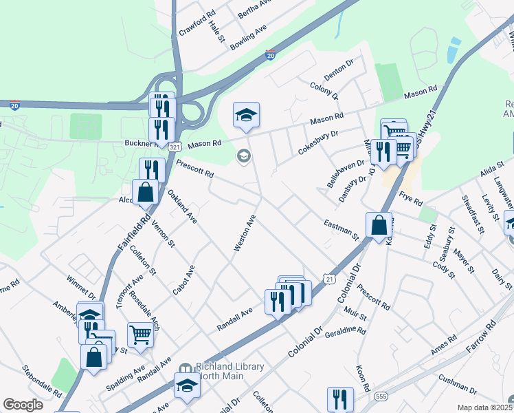 map of restaurants, bars, coffee shops, grocery stores, and more near 5749 Weston Avenue in Columbia
