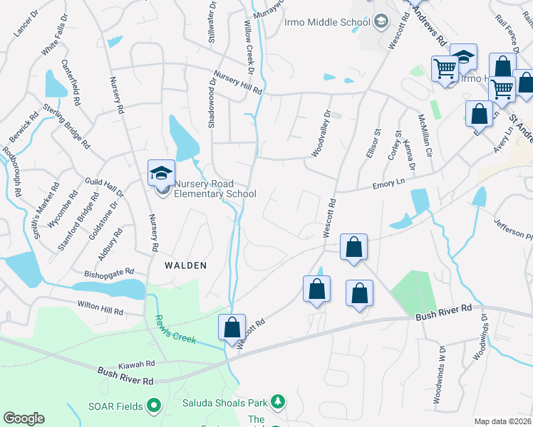 map of restaurants, bars, coffee shops, grocery stores, and more near 333 Old Wood Drive in Columbia