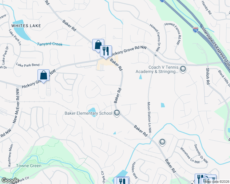 map of restaurants, bars, coffee shops, grocery stores, and more near 2509 Thorngate Drive in Acworth