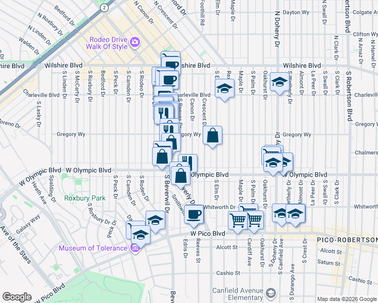 map of restaurants, bars, coffee shops, grocery stores, and more near 344 South Canon Drive in Beverly Hills
