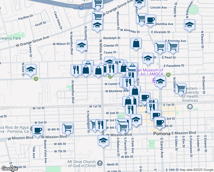 map of restaurants, bars, coffee shops, grocery stores, and more near 554 West Center Street in Pomona