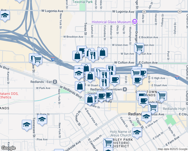 map of restaurants, bars, coffee shops, grocery stores, and more near 601 Lawton Street in Redlands