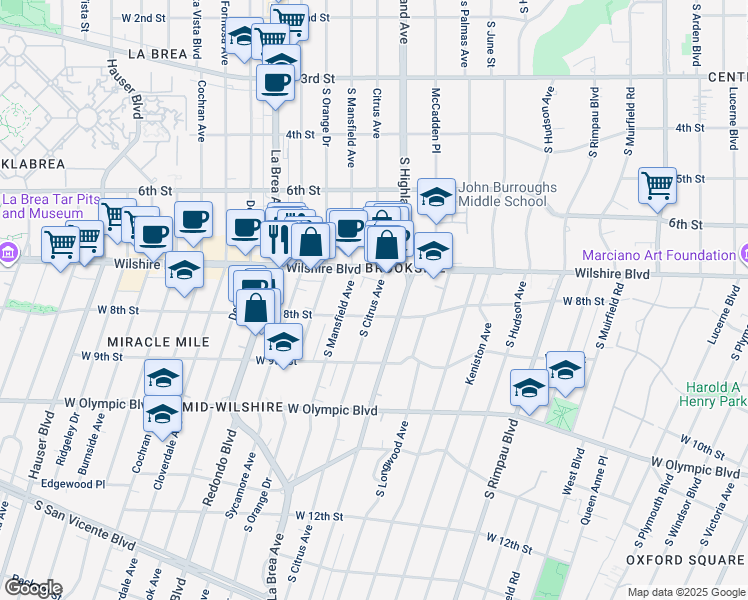 map of restaurants, bars, coffee shops, grocery stores, and more near 735 South Citrus Avenue in Los Angeles