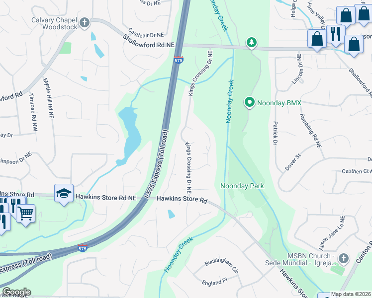 map of restaurants, bars, coffee shops, grocery stores, and more near 4553 Kings Crossing Drive in Kennesaw