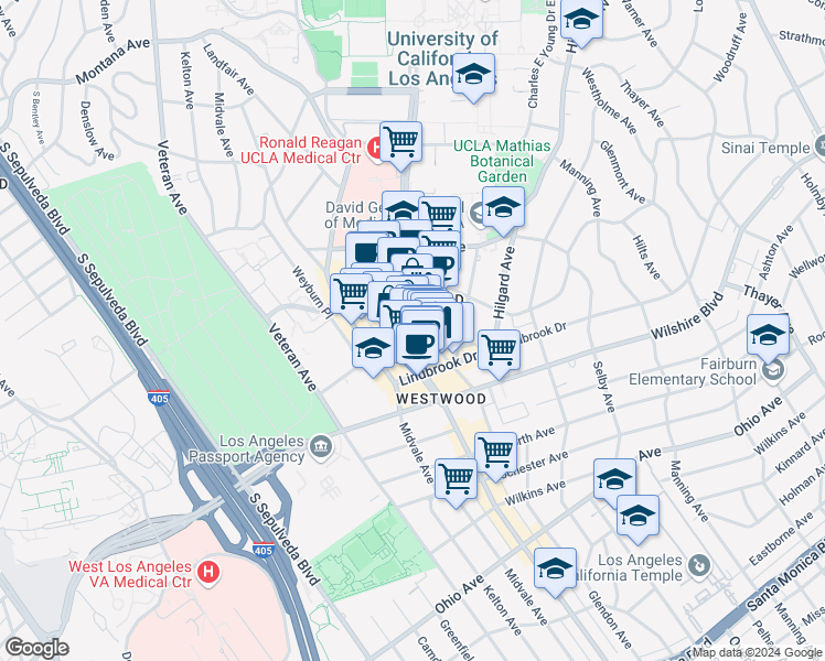 map of restaurants, bars, coffee shops, grocery stores, and more near 1109 Glendon Avenue in Los Angeles