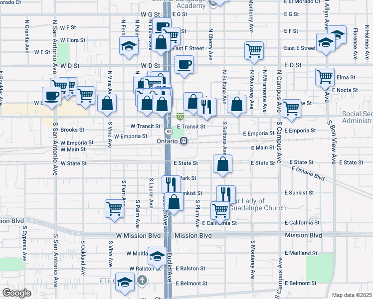 map of restaurants, bars, coffee shops, grocery stores, and more near 1000 East Main Street in Ontario