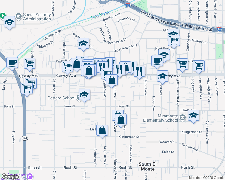 map of restaurants, bars, coffee shops, grocery stores, and more near 2653 Merced Avenue in El Monte