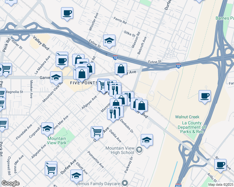 map of restaurants, bars, coffee shops, grocery stores, and more near 12233 Valley Boulevard in El Monte
