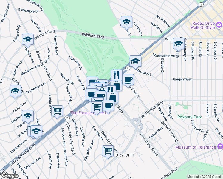 map of restaurants, bars, coffee shops, grocery stores, and more near 1800 Avenue of the Stars in Los Angeles