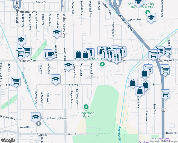 map of restaurants, bars, coffee shops, grocery stores, and more near 2709 Muscatel Avenue in Rosemead