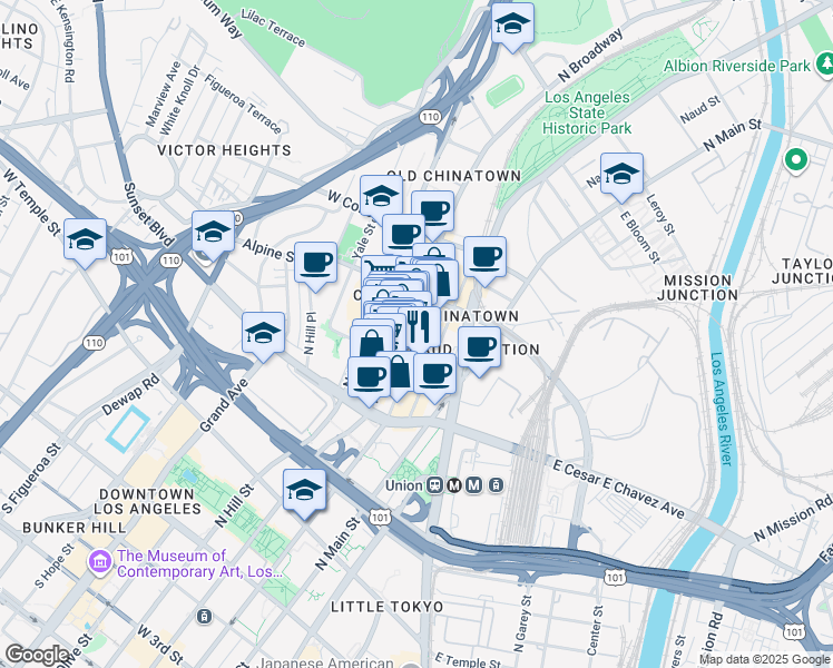 map of restaurants, bars, coffee shops, grocery stores, and more near 733 New High Street in Los Angeles