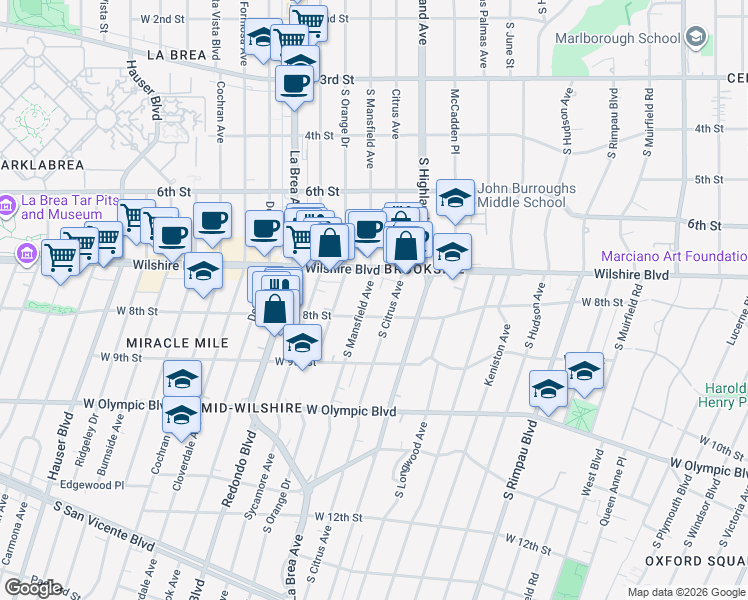 map of restaurants, bars, coffee shops, grocery stores, and more near 750 South Mansfield Avenue in Los Angeles