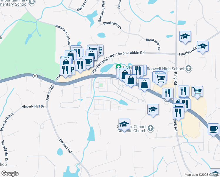 map of restaurants, bars, coffee shops, grocery stores, and more near 1205 New Haven Court in Roswell