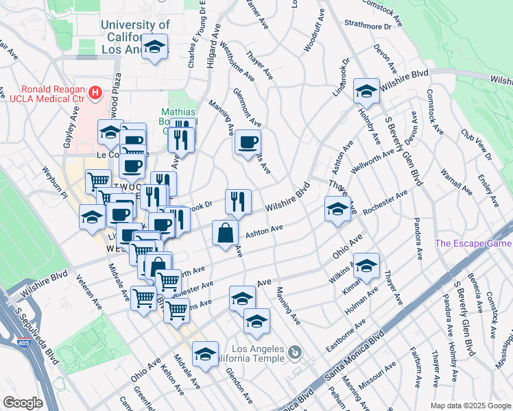 map of restaurants, bars, coffee shops, grocery stores, and more near 10724 Wilshire Boulevard in Los Angeles